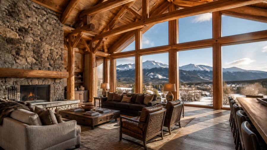 Great room interior with exposed timber trusses, stone fireplace, and a wall of glass facing snowy peaks