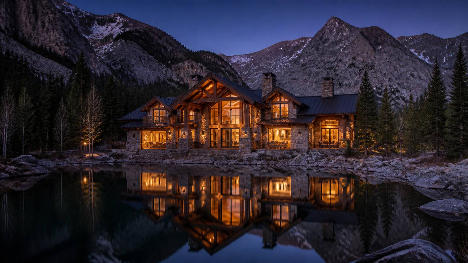 Timber frame lodge lit at dusk on a lakeshore, mountains behind, reflected in still water