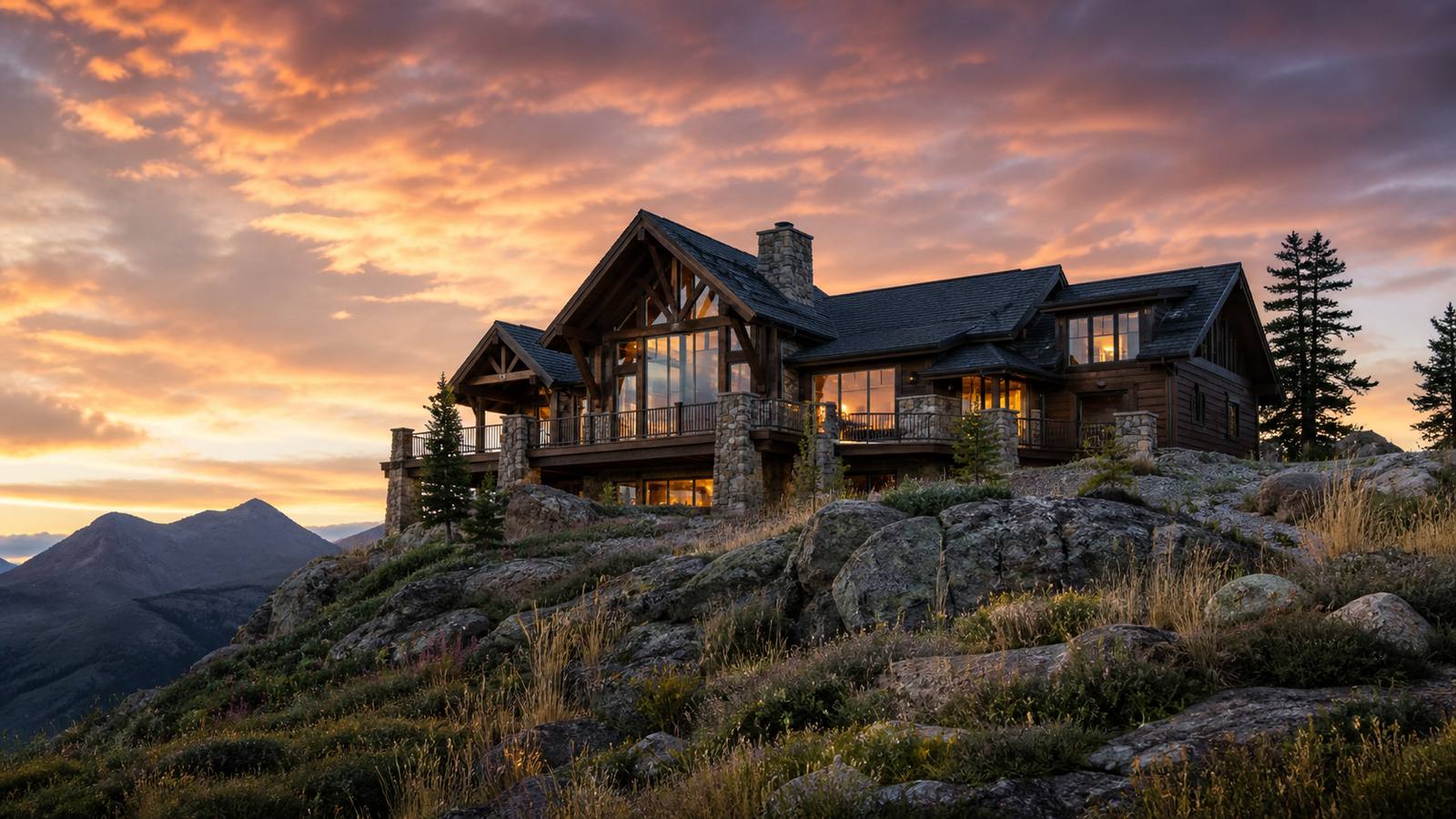 Timber frame home standing on a rocky ridgeline at sunset, orange sky behind the glass gable