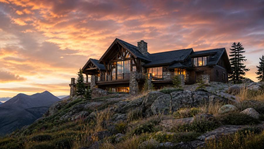 Timber frame home on a rocky ridge at sunset, sky streaked orange behind the gable