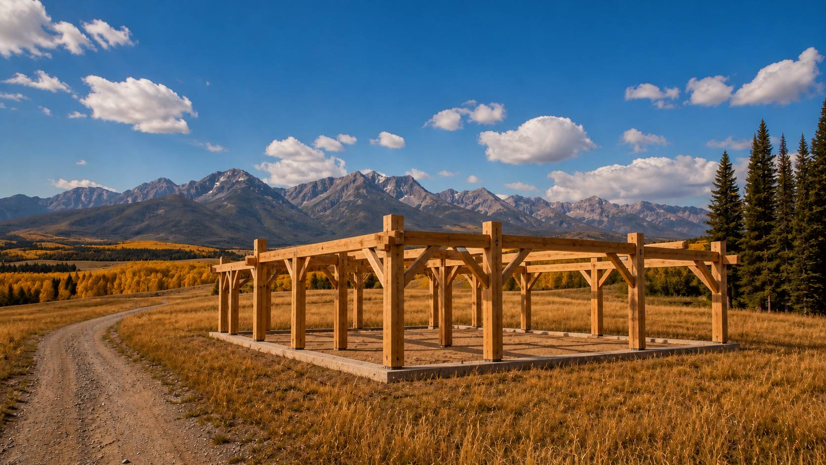 Raised timber frame skeleton standing on its slab in an autumn meadow, aspens gone gold behind it