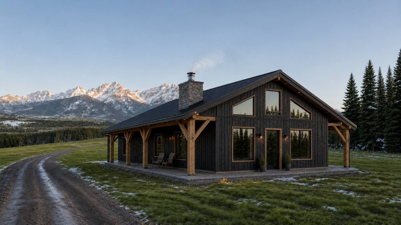 The finished timber frame home at dawn in spring, chimney smoking, meadow greening up around it