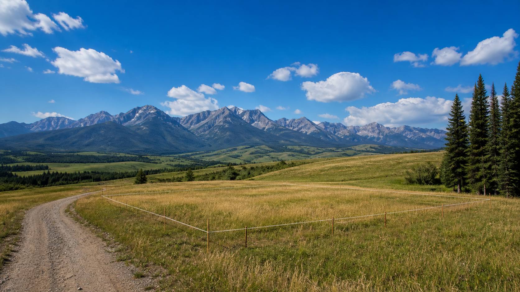 Survey stakes and string marking a house footprint in a summer meadow below the Absaroka Range