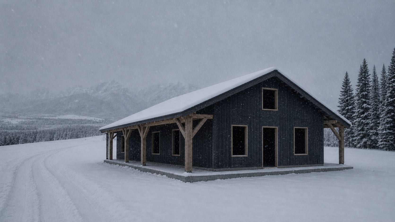 The same house enclosed in dark board siding under heavy snowfall, roof loaded with snow